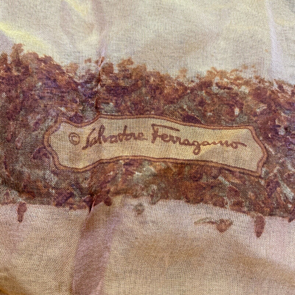 SALVATORE FERRAGAMO Sheer Scarf Silk Rectangle Burnt Orange Flowers Butterflies - Picture 6 of 11